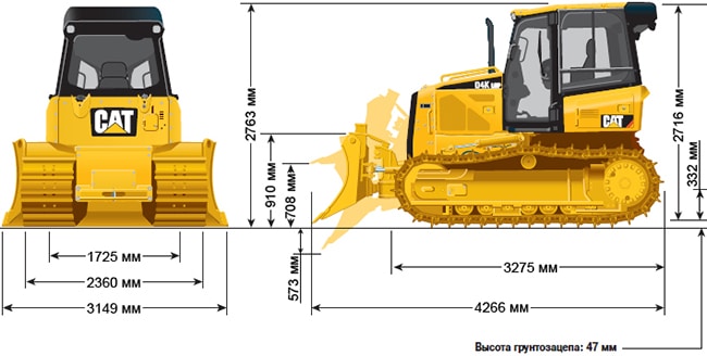Схема габаритов бульдозера Caterpillar D4K: ширина отвала, длина с отвалом, высота, гусеничная база